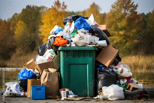 Garbage containers full of trash. Green plastic rubbish bin. Generative AI.