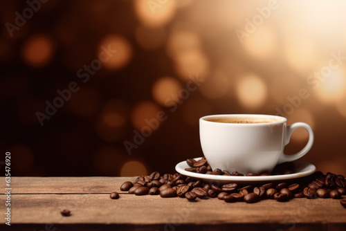 White Cup of Coffee on Right Side of Wood Table with Blurred Lights Brown and Beige Background Graphic Resource Drink Generative AI