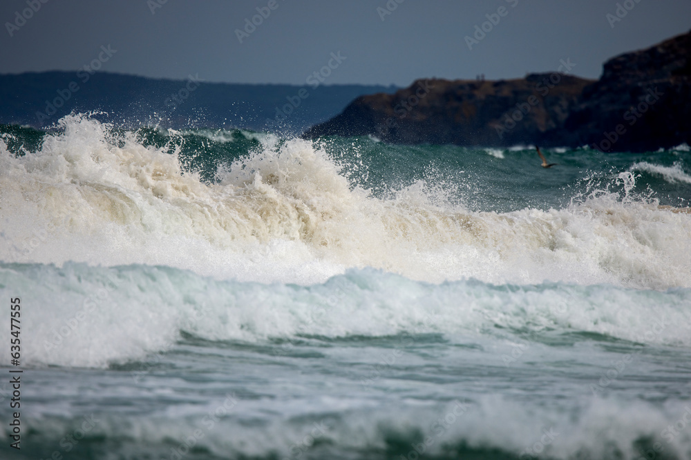 Obraz premium Abstract landscape with sea waves at the shore on a windy day.