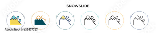Snowslide icon in filled, thin line, outline and stroke style. Vector illustration of two colored and black snowslide vector icons designs can be used for mobile, ui, web