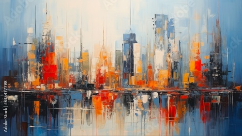 Abstract Painting of Urban Skyscrapers in the City Landscape. Vibrant Art View of Architecture in Downtown with Tower Buildings in the Background. Generative AI photo