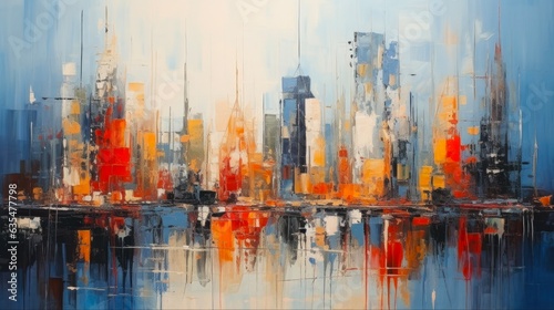 Abstract Painting of Urban Skyscrapers in the City Landscape. Vibrant Art View of Architecture in Downtown with Tower Buildings in the Background. Generative AI