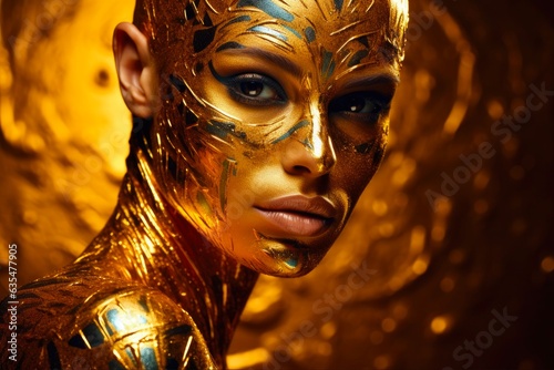 Golden Goddess: Woman Fashion Model with Painted Gold Body Art and Bronze Makeup for Beauty and Fashion Campaign. Generative AI