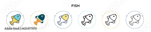 Fish icon in filled, thin line, outline and stroke style. Vector illustration of two colored and black fish vector icons designs can be used for mobile, ui, web