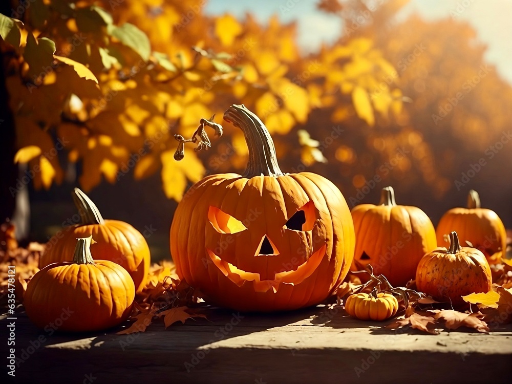 halloween pumpkin in autumn garden in sunny day, many little pumpkins halloween pumpkin in autumn garden in sunny day, many little pumpkins
