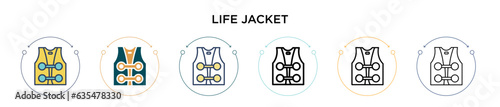 Life jacket icon in filled, thin line, outline and stroke style. Vector illustration of two colored and black life jacket vector icons designs can be used for mobile, ui, web