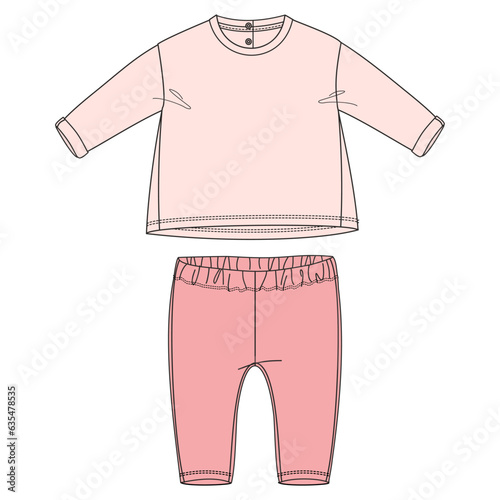 T shirt tops with pants vector illustration template for kids. Apparel dress design mock up for baby girls
