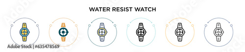 Water resist watch icon in filled, thin line, outline and stroke style. Vector illustration of two colored and black water resist watch vector icons designs can be used for mobile, ui, web