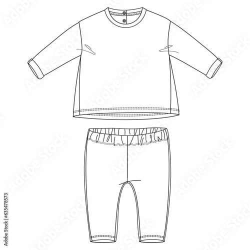 T shirt tops with pants vector illustration template for kids. Apparel dress design mock up for baby girls