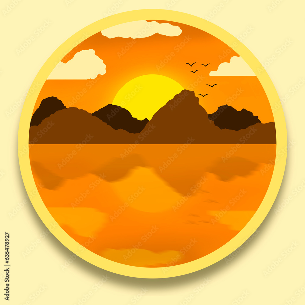 Sunrise landscape with mountain, silhouettes on hills background