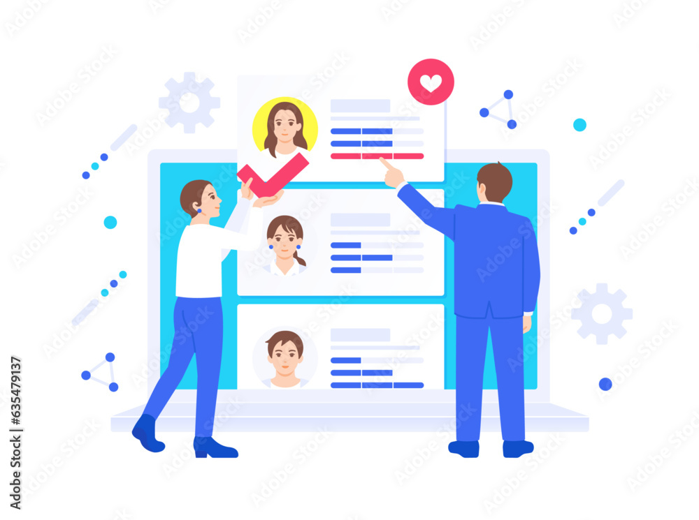 採用を検討する。アクティブな顧客を見つけるイメージのイラスト素材。 採用を検討する。アクティブな顧客を見つけるイメージのイラスト素材。