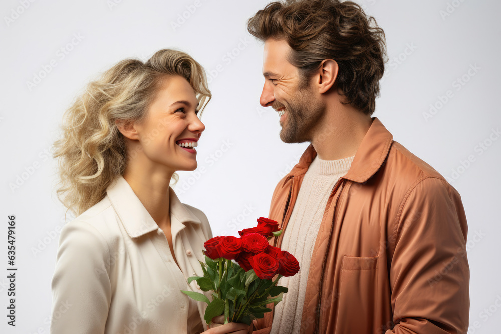 Man Surprising Woman with Valentine Flowers Man Surprising Woman with Valentine Flowers