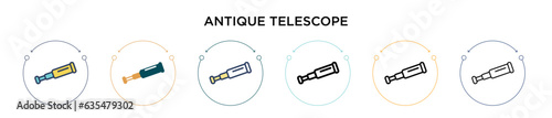 Antique telescope icon in filled, thin line, outline and stroke style. Vector illustration of two colored and black antique telescope vector icons designs can be used for mobile, ui, web