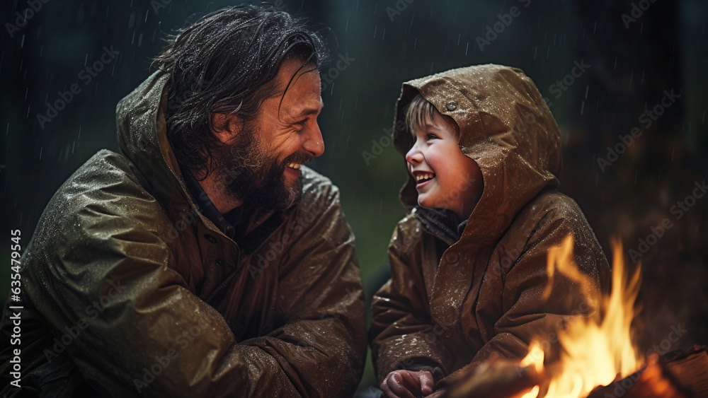Happy time of father and son enjoying campfire Happy time of father and son enjoying campfire