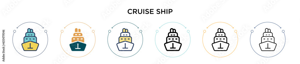 Cruise ship icon in filled, thin line, outline and stroke style. Vector illustration of two colored and black cruise ship vector icons designs can be used for mobile, ui, web