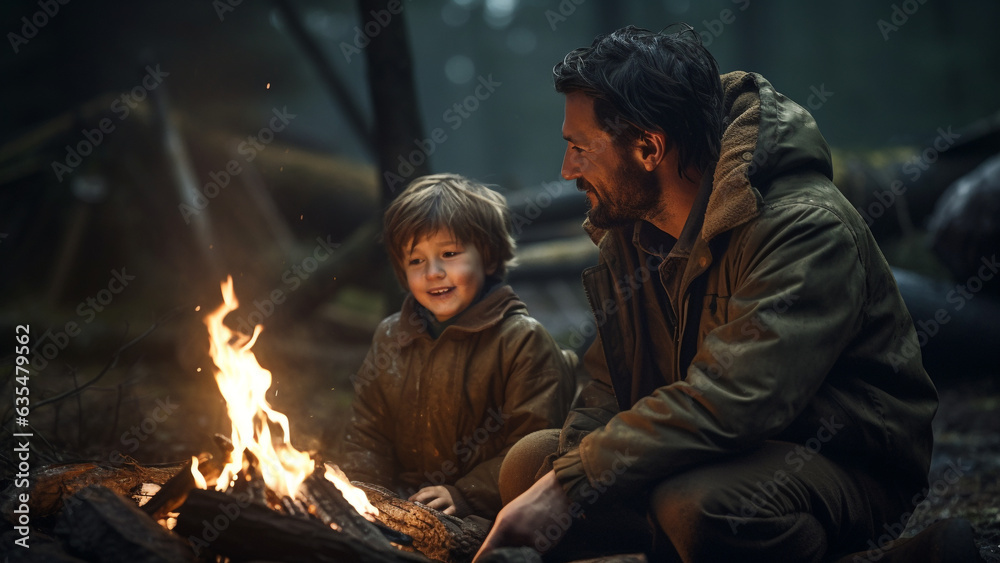 Happy time of father and son enjoying campfire
