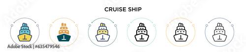 Cruise ship icon in filled, thin line, outline and stroke style. Vector illustration of two colored and black cruise ship vector icons designs can be used for mobile, ui, web