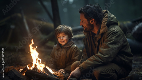 Wallpaper Mural Happy time of father and son enjoying campfire Torontodigital.ca