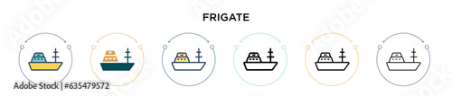 Frigate icon in filled, thin line, outline and stroke style. Vector illustration of two colored and black frigate vector icons designs can be used for mobile, ui, web