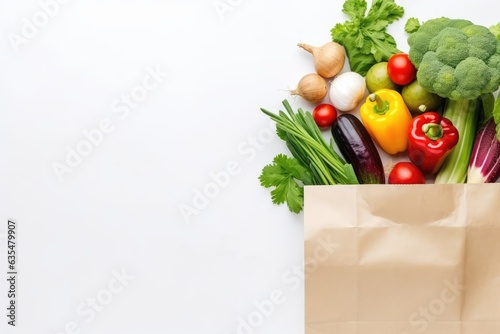 Paper bag with vegetables and fruits on white background