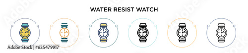 Water resist watch icon in filled, thin line, outline and stroke style. Vector illustration of two colored and black water resist watch vector icons designs can be used for mobile, ui, web