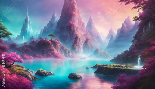 Fantastical landscape with pink trees  mountains and waterfalls. Jagged mountains surrounding a lake. Dreamlike and fantasy.