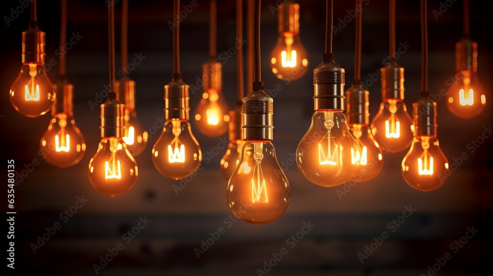 Multiple retro style light bulbs hang from the celling. AI generative. Multiple retro style light bulbs hang from the celling. AI generative.