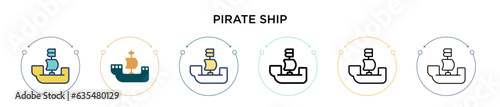Pirate ship icon in filled, thin line, outline and stroke style. Vector illustration of two colored and black pirate ship vector icons designs can be used for mobile, ui, web