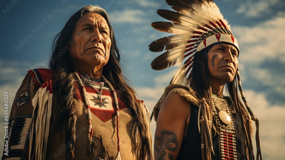 Fototapeta premium native americans wearing traditional clothes standing in front of sky, native american day, Generative AI