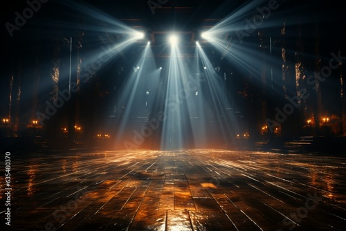 Luminous rays embrace empty stage, heralding prelude to captivating concert performance Generative AI