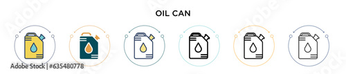 Oil can icon in filled, thin line, outline and stroke style. Vector illustration of two colored and black oil can vector icons designs can be used for mobile, ui, web