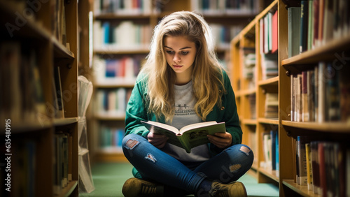 Female college student reading a book in the university library