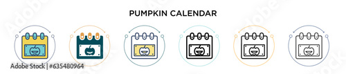 Pumpkin calendar icon in filled, thin line, outline and stroke style. Vector illustration of two colored and black pumpkin calendar vector icons designs can be used for mobile, ui, web photo