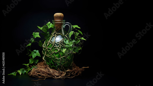 Plant in a bottle on black background (Generative AI)