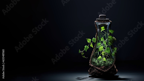 Plant in a bottle on black background (Generative AI)