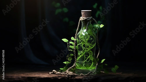 Plant in a bottle on black background (Generative AI)