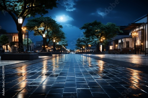 Brick path under moonlight, leading to modern building, a tranquil nocturnal panorama Generative AI