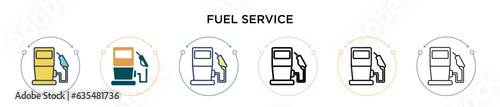 Fuel service icon in filled, thin line, outline and stroke style. Vector illustration of two colored and black fuel service vector icons designs can be used for mobile, ui, web