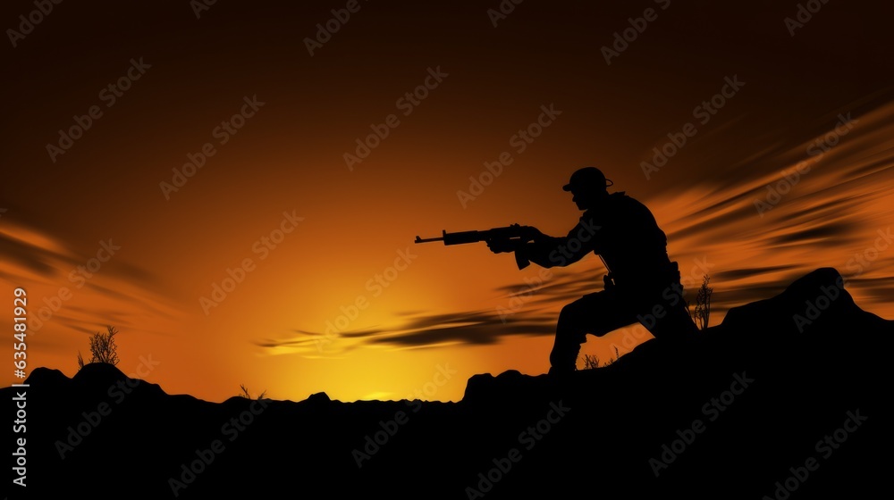 silhouette of a soldier with a firearm. AI generative. silhouette of a soldier with a firearm. AI generative.