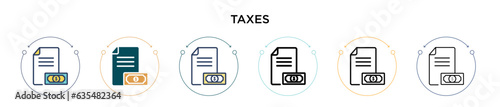 Taxes icon in filled, thin line, outline and stroke style. Vector illustration of two colored and black taxes vector icons designs can be used for mobile, ui, web