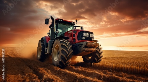 Tractor driving across large field making special beds for sowing seeds into purified soil. Agricultural vehicle works in the countryside. AI generative.