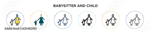 Babysitter and child icon in filled, thin line, outline and stroke style. Vector illustration of two colored and black babysitter and child vector icons designs can be used for mobile, ui, web