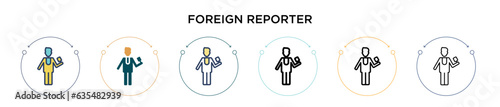 Foreign reporter icon in filled, thin line, outline and stroke style. Vector illustration of two colored and black foreign reporter vector icons designs can be used for mobile, ui, web