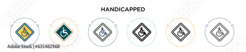 Handicapped sign icon in filled, thin line, outline and stroke style. Vector illustration of two colored and black handicapped sign vector icons designs can be used for mobile, ui, web