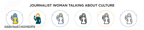 Journalist woman talking about culture icon in filled, thin line, outline and stroke style. Vector illustration of two colored and black journalist woman talking about culture vector icons designs can
