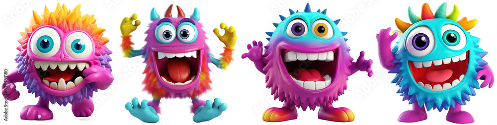 Colorful sneaky and cute monster with quills dancing and waving 3D render character cartoon style Isolated on transparent background - obrazy, fototapety, plakaty 