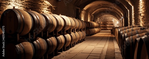 Vintage Barrels and Casks in Old Cellar: A Spanish Winery's Perfect Storage for Aging Delicious Wine. AI generative.