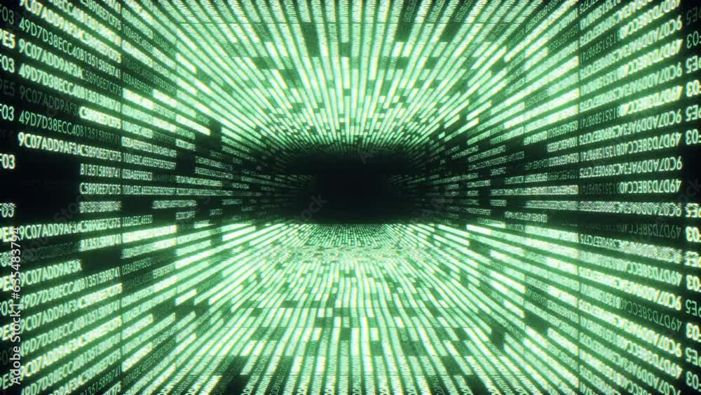 Computing data tunnel journey, animation of numbers on sides of tunnel, transmission of digital information, 4K tech animated background