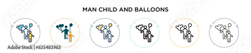 Man child and balloons icon in filled, thin line, outline and stroke style. Vector illustration of two colored and black man child and balloons vector icons designs can be used for mobile, ui, web