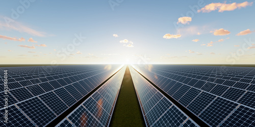 3d rendering of solar farm, field or solar power plant consist of photovoltaic cell in panel, landscape. Industry and technology for electric, electricity generation. Clean green power energy.
 photo